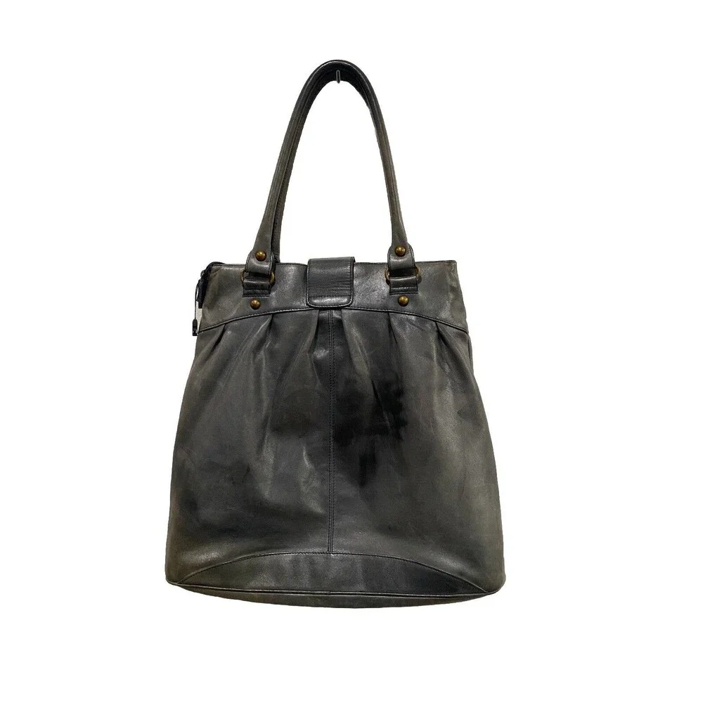 Hobo International Tote Bag Large Gray Leather Shoulder Carry All buckle Closure